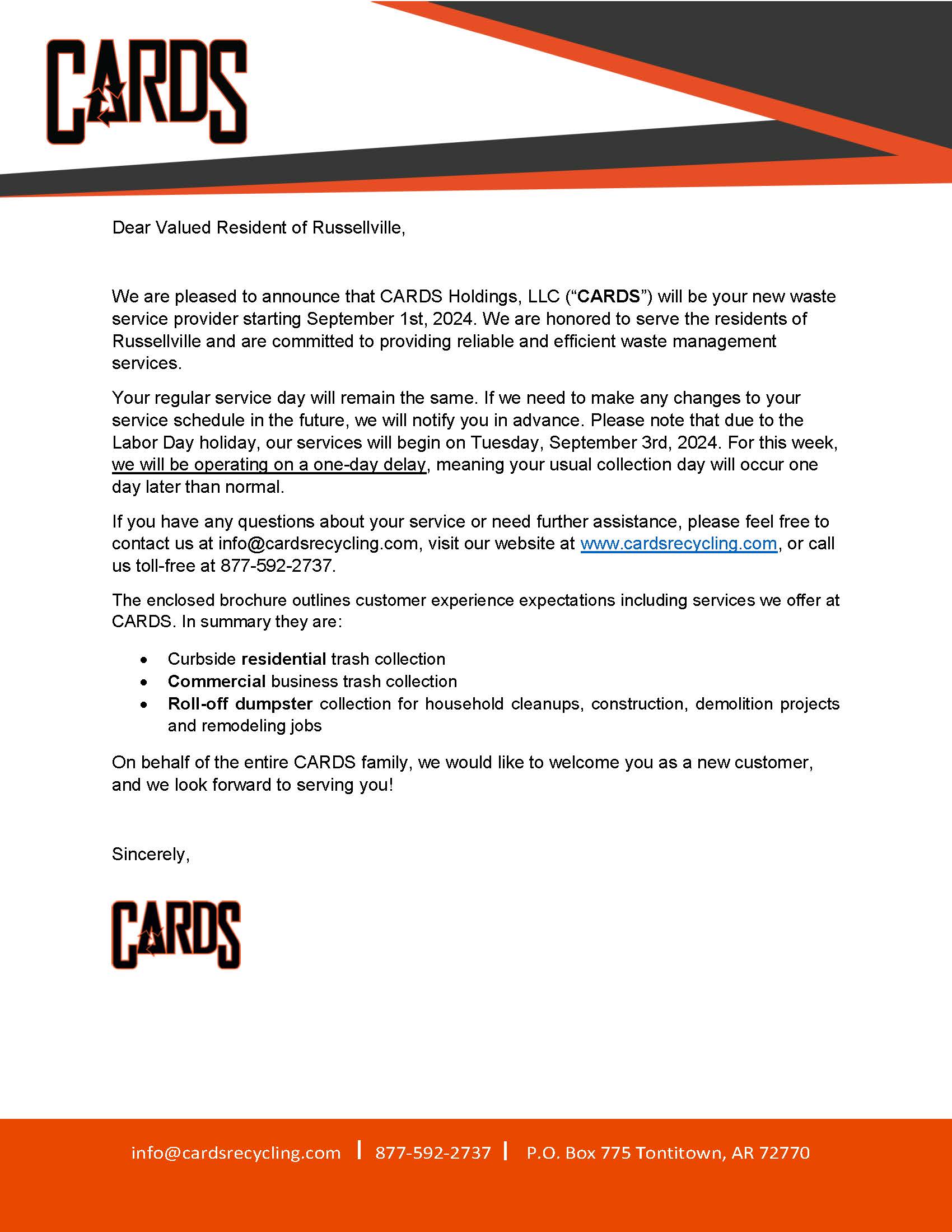 Russellville Welcome Letter