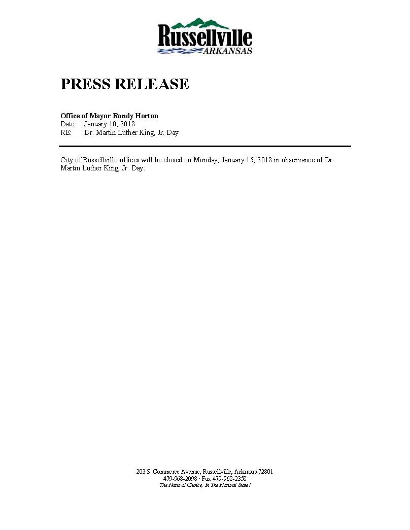 Press Release - Dr. Martin Luther King, Jr. Day Holiday 1.15.18